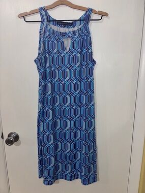 Geometric Blue Sleeveless Keyhole Maxi Dress
